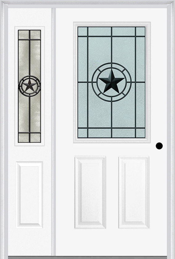 MMI 1/2 Lite 2 Panel 6'8" Fiberglass Smooth Elegant Star Wrought Iron Exterior Prehung Door With 1 Half Lite Elegant Star Wrought Iron Decorative Glass Sidelight 684